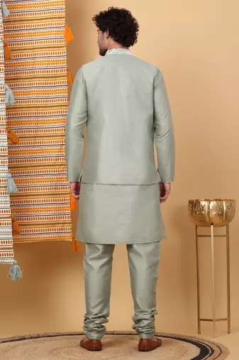 Silk blend olive green kurta and churidar with embroidered light green nehru jacket