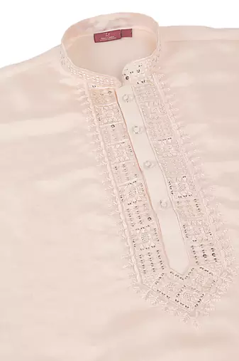 Men peach cotton silk ethnic motifs embroidered kurta