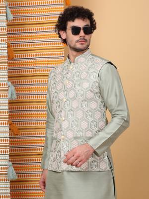 Silk blend olive green kurta and churidar with embroidered light green nehru jacket 4