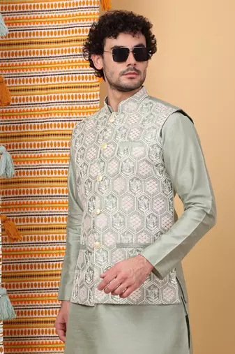Silk blend olive green kurta and churidar with embroidered light green nehru jacket