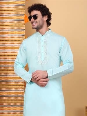Men sky blue cotton silk ethnic motifs embroidered kurta 1