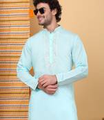 Men sky blue cotton silk ethnic motifs embroidered kurta