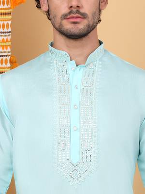 Men sky blue cotton silk ethnic motifs embroidered kurta 2