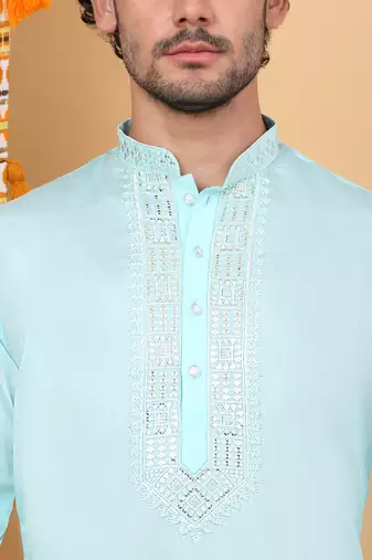 Men sky blue cotton silk ethnic motifs embroidered kurta