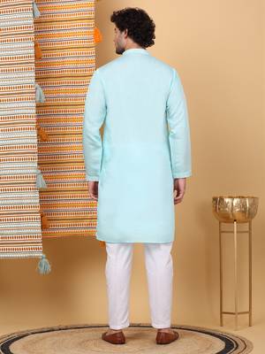Men sky blue cotton silk ethnic motifs embroidered kurta 3