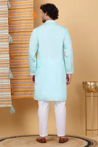 Men sky blue cotton silk ethnic motifs embroidered kurta
