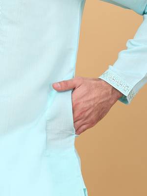 Men sky blue cotton silk ethnic motifs embroidered kurta 4