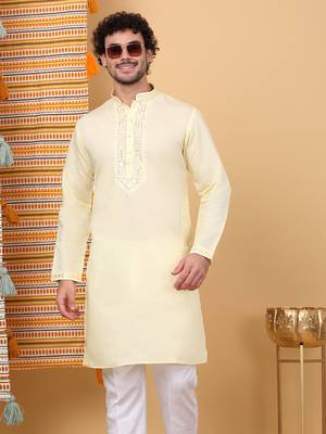 Men yellow cotton silk ethnic motifs embroidered kurta 1