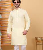Men yellow cotton silk ethnic motifs embroidered kurta