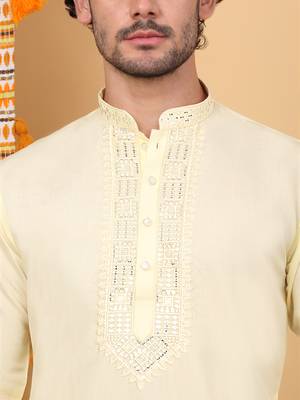 Men yellow cotton silk ethnic motifs embroidered kurta 2