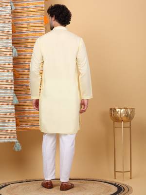 Men yellow cotton silk ethnic motifs embroidered kurta 3