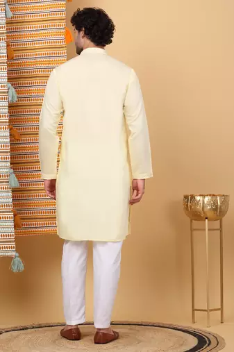 Men yellow cotton silk ethnic motifs embroidered kurta