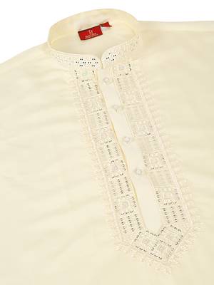 Men yellow cotton silk ethnic motifs embroidered kurta 5