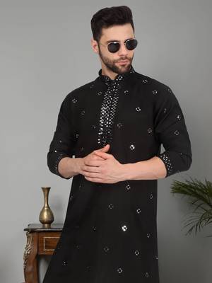 Black Cotton Silk Mirror Embroidered Kurta 1