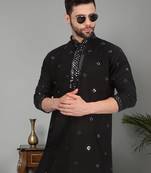 Black Cotton Silk Mirror Embroidered Kurta