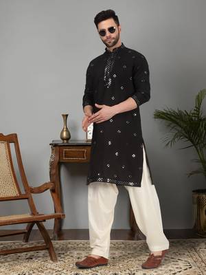 Black Cotton Silk Mirror Embroidered Kurta 2