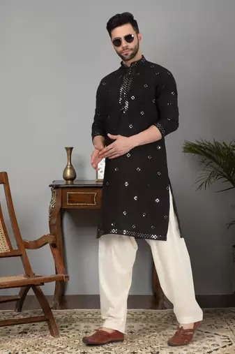 Black Cotton Silk Mirror Embroidered Kurta