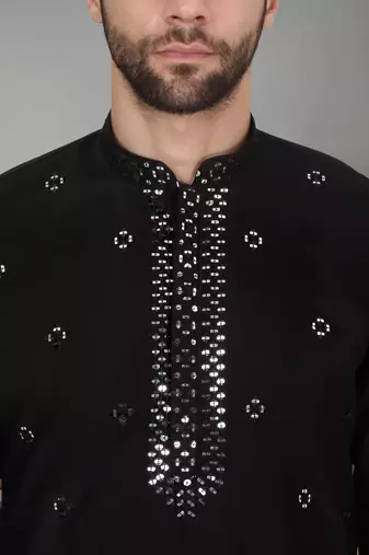 Black Cotton Silk Mirror Embroidered Kurta