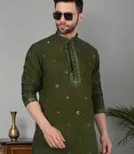 Men olive green cotton silk mirror worked kurta