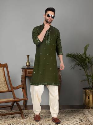 Men olive green cotton silk mirror worked kurta 2