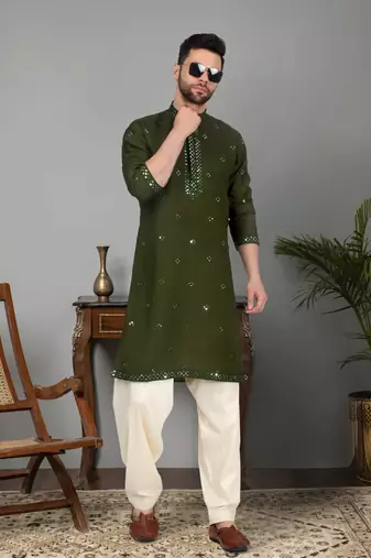 Men olive green cotton silk mirror worked kurta