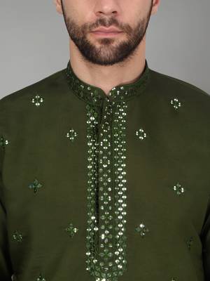 Men olive green cotton silk mirror worked kurta 3