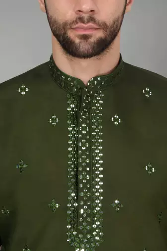 Men olive green cotton silk mirror worked kurta