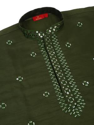 Men olive green cotton silk mirror worked kurta 4