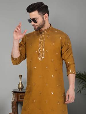 men mustard cotton silk mirror worked kurta 1