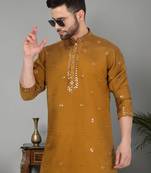 men mustard cotton silk mirror worked kurta