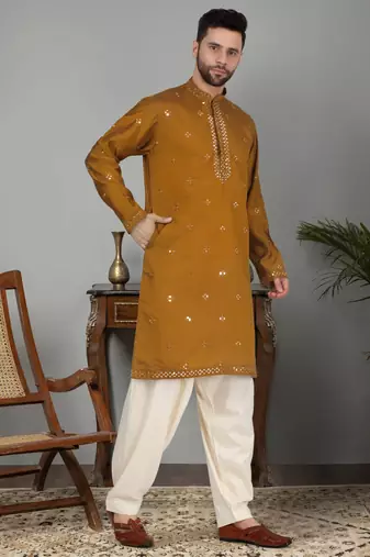 men mustard cotton silk mirror worked kurta