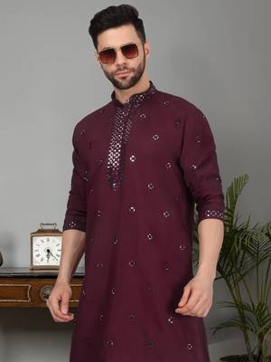 Men purple cotton silk mirror worked kurta 1