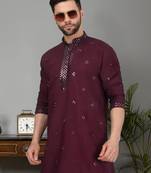 Men purple cotton silk mirror worked kurta