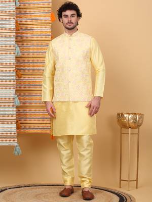 Silk blend lime yellow kurta and churidar with embroidered lime yellow nehru jacket 1