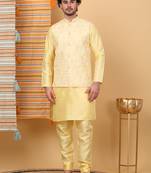 Silk blend lime yellow kurta and churidar with embroidered lime yellow nehru jacket