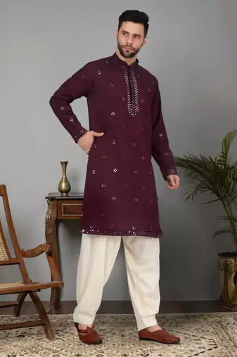 Men purple cotton silk mirror worked kurta