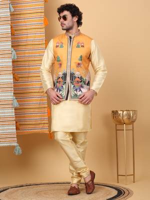 Silk blend beige kurta and churidar with ethnic motifs mustard nehru jacket 1
