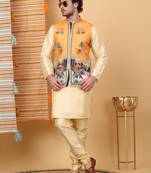 Silk blend beige kurta and churidar with ethnic motifs mustard nehru jacket