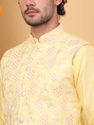 Silk blend lime yellow kurta and churidar with embroidered lime yellow nehru jacket 2