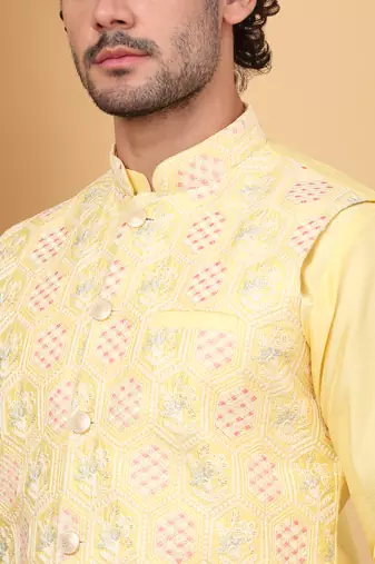 Silk blend lime yellow kurta and churidar with embroidered lime yellow nehru jacket
