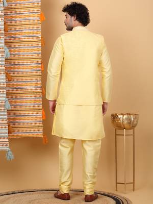 Silk blend lime yellow kurta and churidar with embroidered lime yellow nehru jacket 3