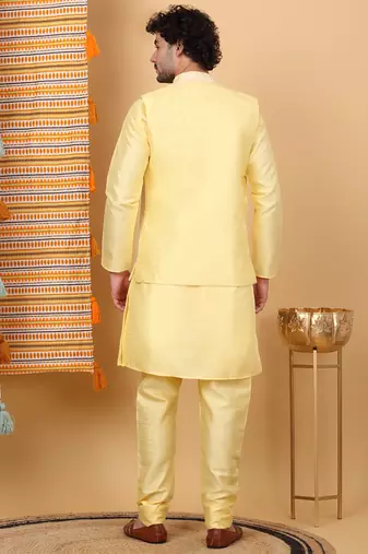 Silk blend lime yellow kurta and churidar with embroidered lime yellow nehru jacket