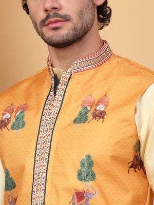 Silk blend beige kurta and churidar with ethnic motifs mustard nehru jacket 2