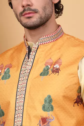 Silk blend beige kurta and churidar with ethnic motifs mustard nehru jacket