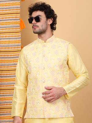 Silk blend lime yellow kurta and churidar with embroidered lime yellow nehru jacket 4