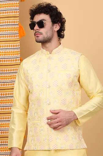 Silk blend lime yellow kurta and churidar with embroidered lime yellow nehru jacket