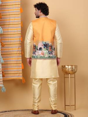 Silk blend beige kurta and churidar with ethnic motifs mustard nehru jacket 3