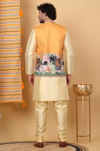 Silk blend beige kurta and churidar with ethnic motifs mustard nehru jacket
