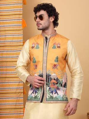 Silk blend beige kurta and churidar with ethnic motifs mustard nehru jacket 4