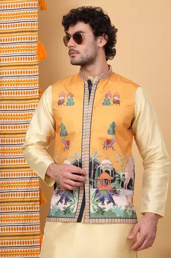 Silk blend beige kurta and churidar with ethnic motifs mustard nehru jacket